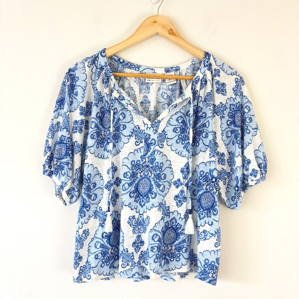 Cottagecore L Rachel Zoe Blue White Paisley Linen Lightweight Puff Sleeve Blouse